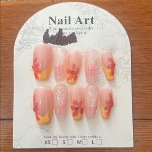 Pink and Gold Floral Press-On Nails Size M